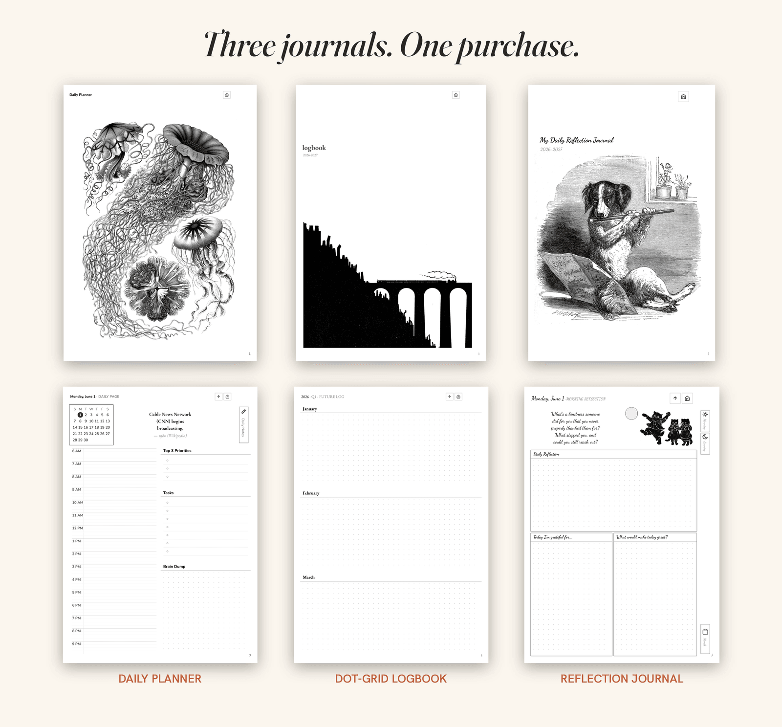 Three journal covers — daily planner, dot-grid logbook and reflection journal — with sample interior pages