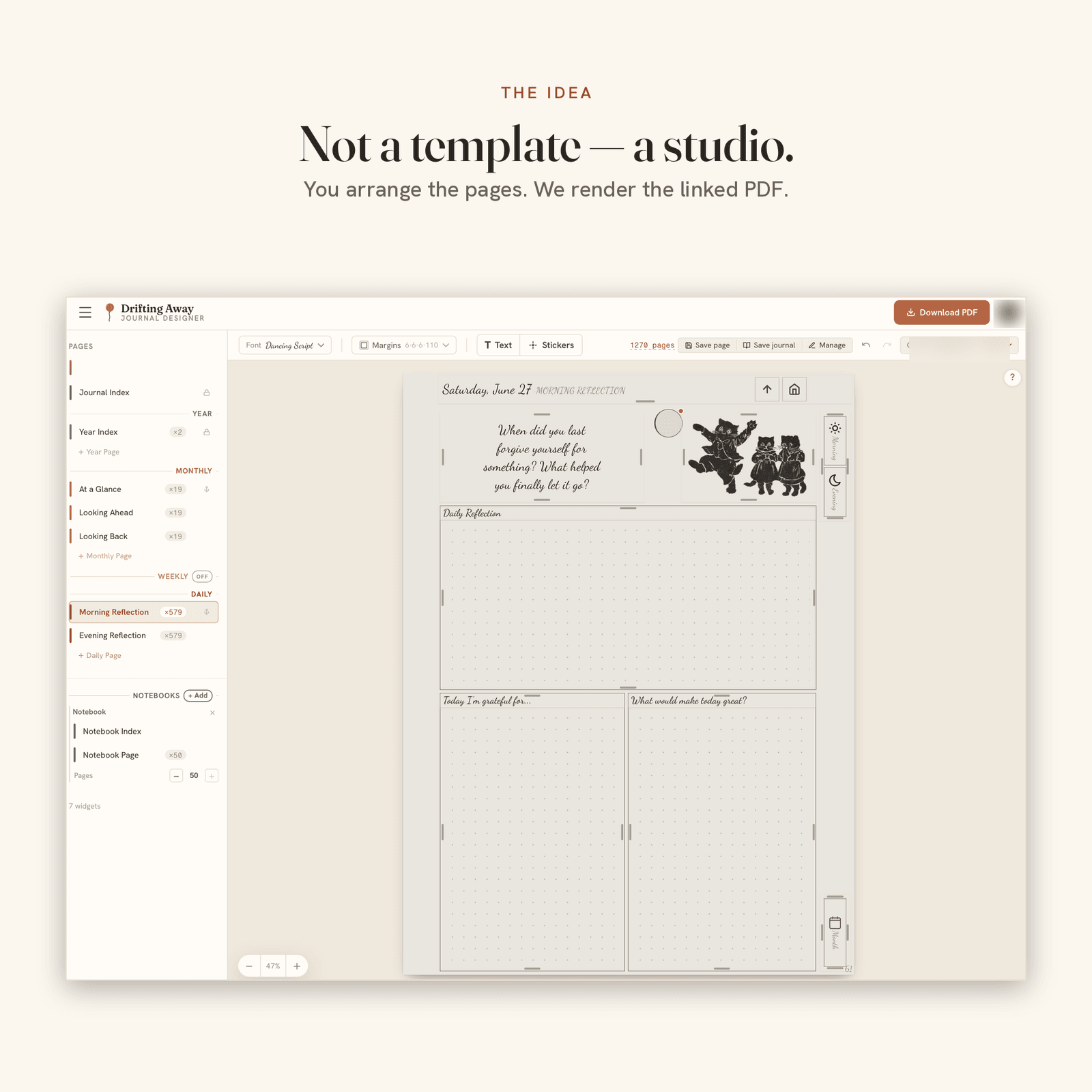 The Drifting Away studio editor, with the page list and a journal page being designed