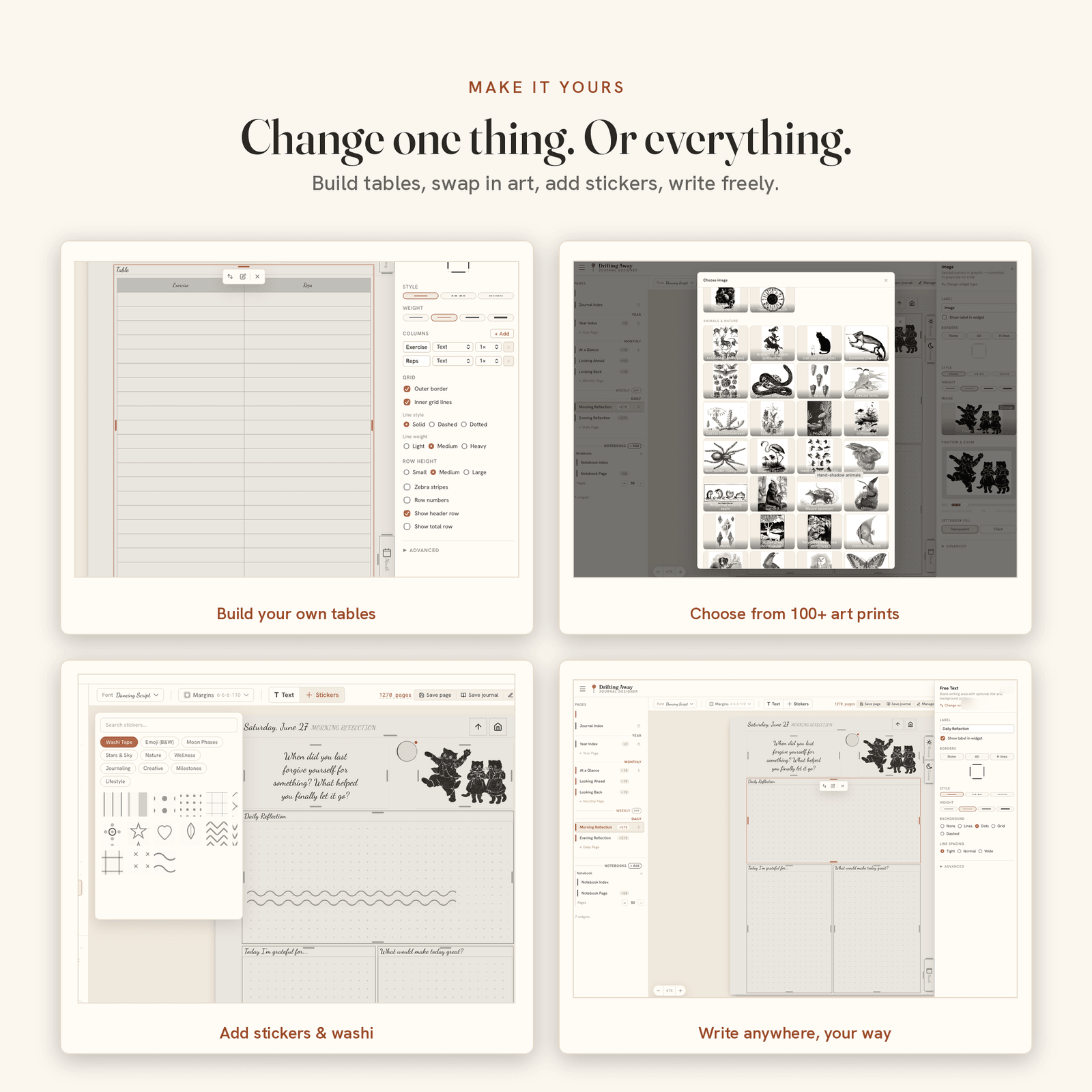 Editor panels for building tables, choosing art, adding stickers and writing free text